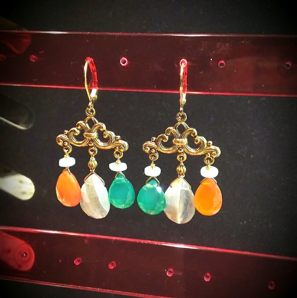 gen stones;Calcedony,Carnelian,14KGF Earrings. 2" - Picture 1 of 6
